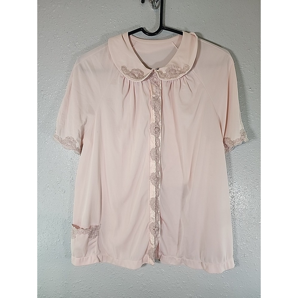 Vintage Bedjacket Pajama Top Pink Flower Applique Satin Short Sleeve S-M